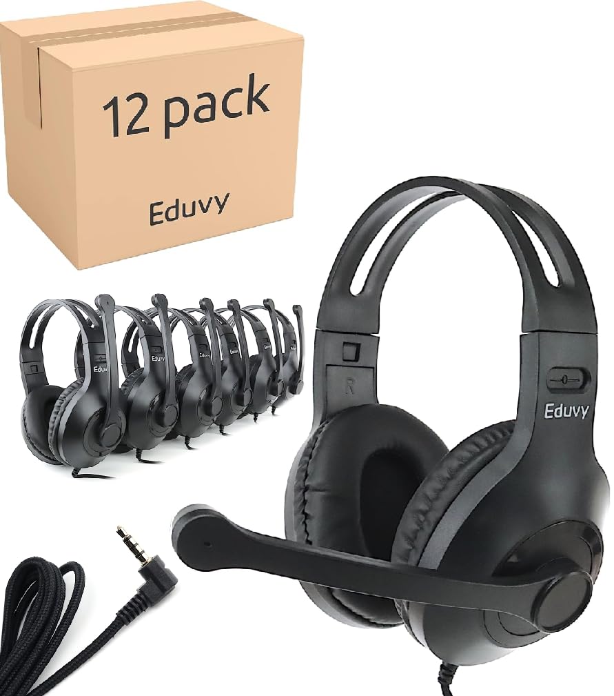 Bulk Headphones for Classroom with Microphone, Heavy-Duty School Pack Wired Headphones for Students with Rotating Boom Mic. Teacher Must Haves from Elementary to College (24 Pack Black)