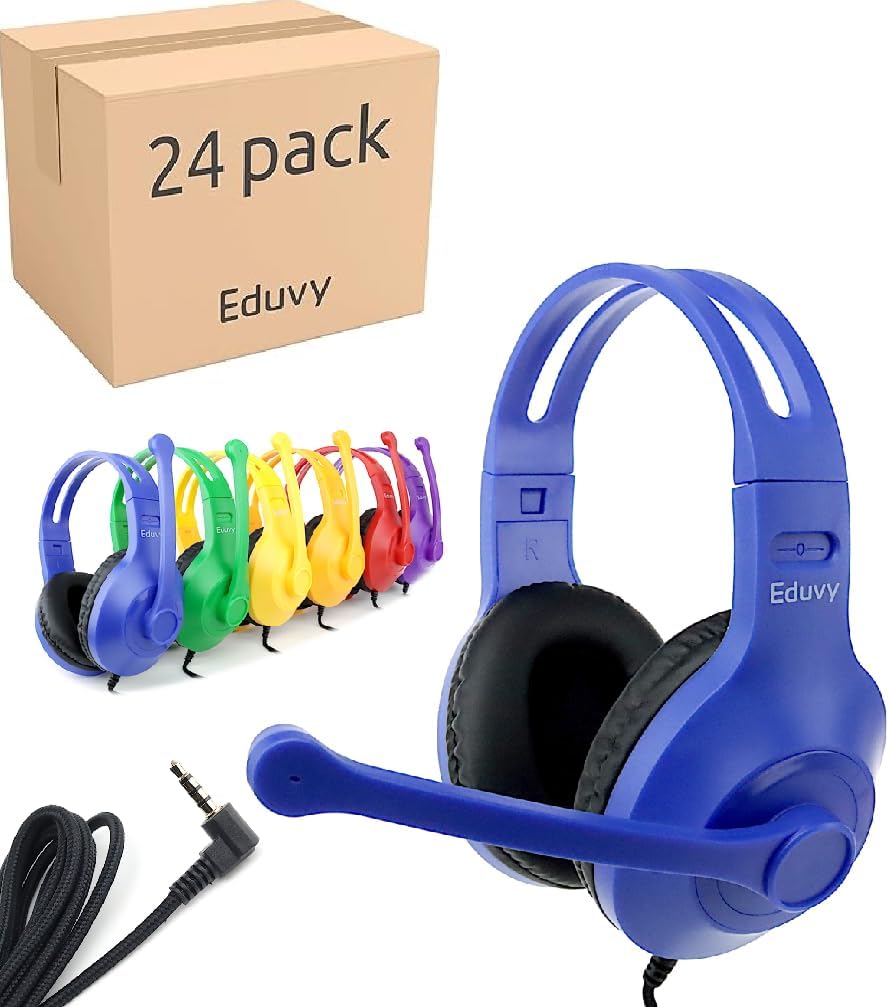 Bulk Headphones for Classroom with Microphone, Heavy-Duty School Pack Wired Headphones for Students with Rotating Boom Mic. Teacher Must Haves from Elementary to College (24 Pack Mixed Color)