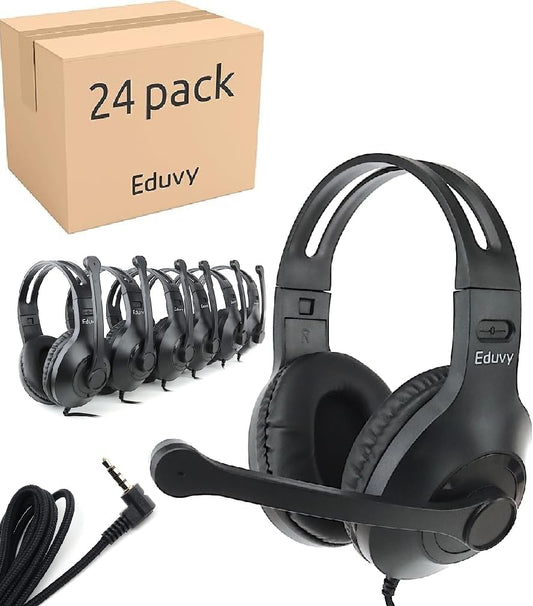 Bulk Headphones for Classroom with Microphone, Heavy-Duty School Pack Wired Headphones for Students with Rotating Boom Mic. Teacher Must Haves from Elementary to College (24 Pack Black)