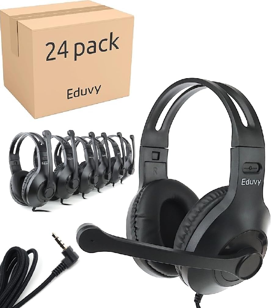 Bulk Headphones for Classroom with Microphone, Heavy-Duty School Pack Wired Headphones for Students with Rotating Boom Mic. Teacher Must Haves from Elementary to College (24 Pack Black)