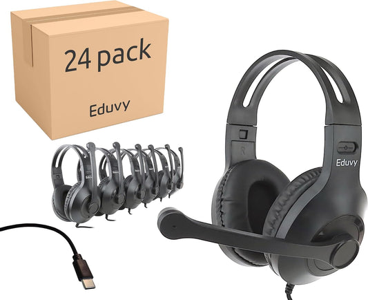Bulk Type C Headphones for Classroom with Microphone. Heavy-Duty School Pack Wired Headphones for Students with Rotating Boom Mic. Fits USB C Ports on laptops and Tablets. (24 Pack Black)