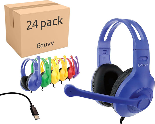 Bulk Type C Headphones for Classroom with Microphone. Heavy-Duty School Pack Wired Headphones for Students with Rotating Boom Mic. Fits USB C Ports on laptops and Tablets. (24 Pack Mixed Color)